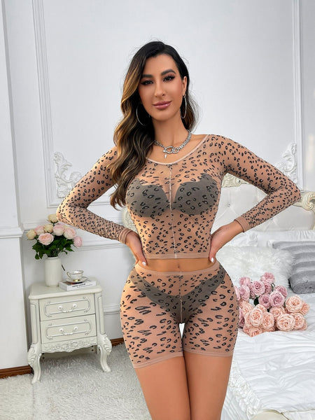 Sexy Spandex Nude Leopard Print Body Stocking #1516