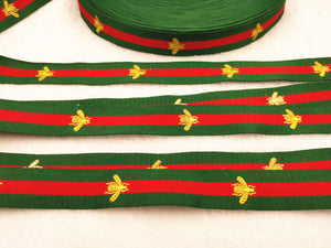 1.2 inch (3cm) Fashion Non-Elastic Gold Bee Embroidery Webbing Green Red Green Webbing