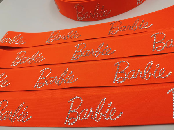 1.6inch (4cm) Fashion High-end Handmade Rhinestones Elastic Band Neon Orange Barbie Elastic Band