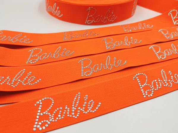 1.6inch (4cm) Fashion High-end Handmade Rhinestones Elastic Band Neon Orange Barbie Elastic Band