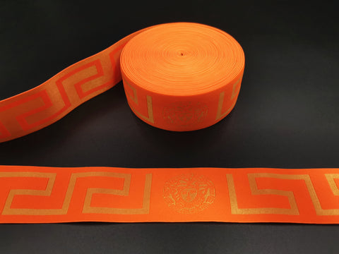 1.7inch (4.4cm) Fashion Neon Orange & Gold Jacquard Elastic Band Designer Elastic Band Fashion Versace Medusa Elastic Band Greek Key Elastic Band