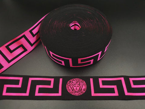 1.7inch (4.4cm) Fashion Neon Pink Jacquard Elastic Band Designer Elastic Band Fashion Versace Medusa Elastic Band Greek Key Elastic Band