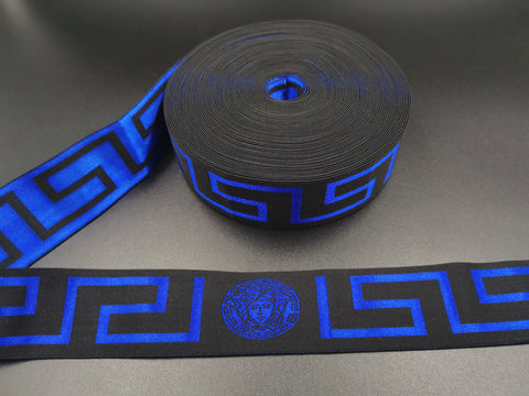 1.7inch (4.4cm) Fashion Neon Blue Jacquard Elastic Band Designer Elastic Band Fashion Versace Medusa Elastic Band Greek Key Elastic Band