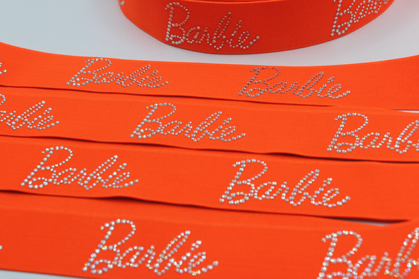 1.6inch (4cm) Fashion High-end Handmade Rhinestones Elastic Band Neon Orange Barbie Elastic Band